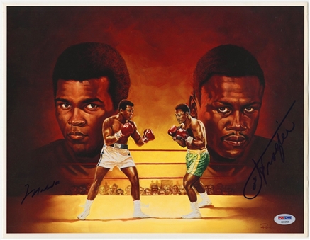 Muhammad Ali and Joe Frazier Dual Signed 11 1/2 x 14 1/2 Print Artwork By Ron Lewis (PSA/DNA)